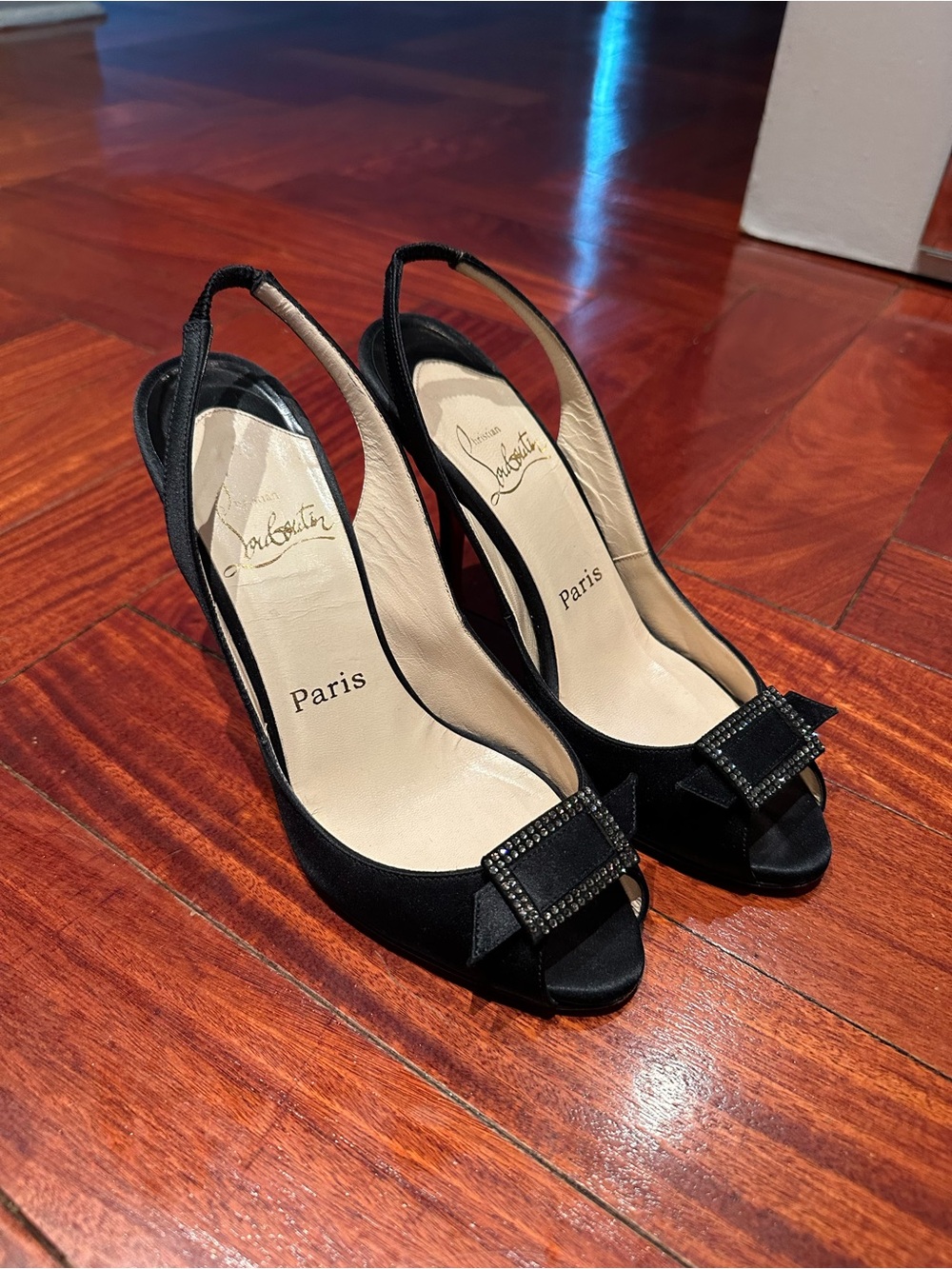 Christian Louboutin Black Satin Slingback Peep-Toe Heels with Jeweled Bow